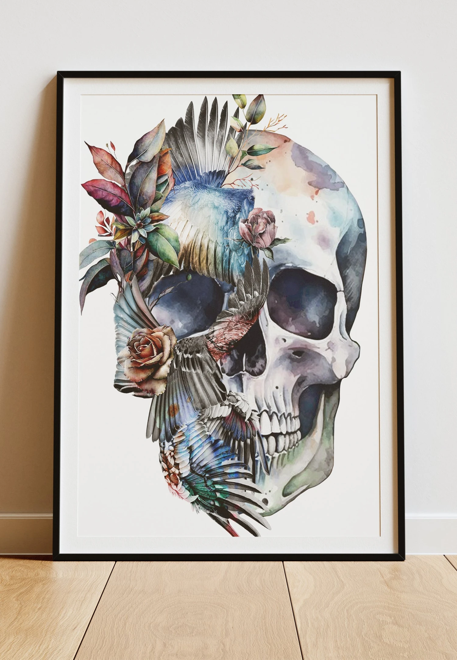 DIGITAL PRINT FLORAL WINGS SKULL ART POSTER WHITE 3 DIGITAL PRINT FLORAL WINGS SKULL ART POSTER WHITE
