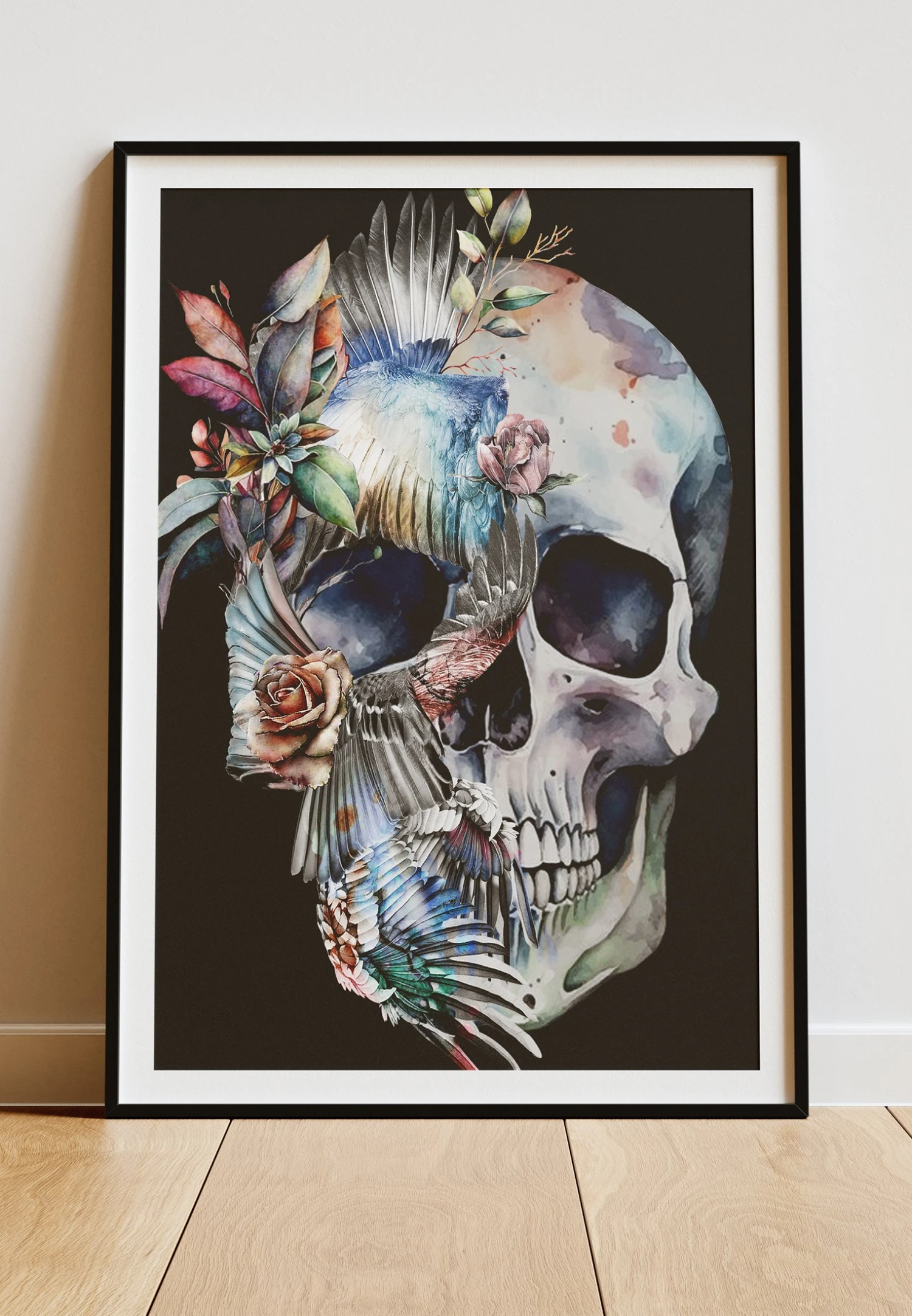 DIGITAL PRINT FLORAL WINGS SKULL ART POSTER BLACK 3 DIGITAL PRINT FLORAL WINGS SKULL ART POSTER BLACK